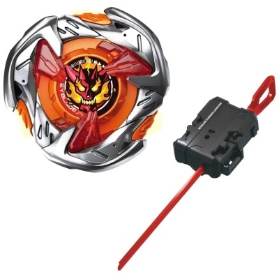 Peão beyblade laranja vermelho prateado com lançador preto e puxador vermelho