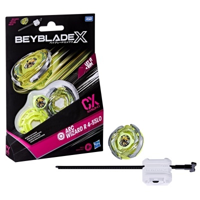 Brinquedo BeybladeX ARC WIZARD R 4-55LO amarelo, cinzento e branco com embalagem preta e rosa