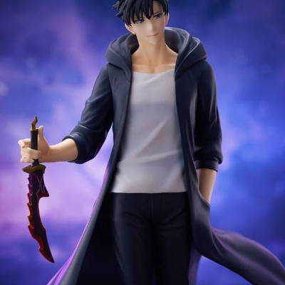Figurine of a male character in dark clothing holding a dagger.