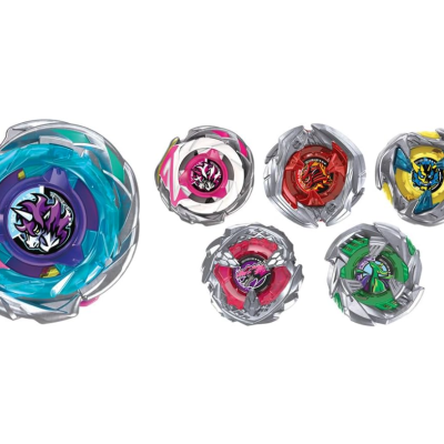 Colorful plastic spinning tops with silver accents and dragon emblems