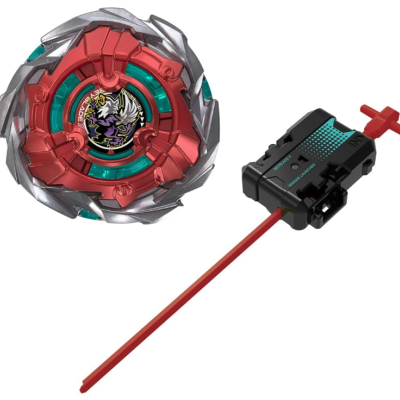 Red and silver Beyblade spinning top with turquoise accents and a black ripcord launcher