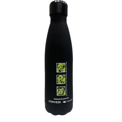 Black insulated bottle with cartoon faces and text www.beyblade.com
