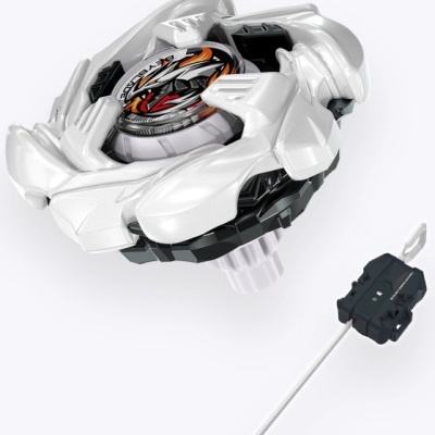White and black spinning top toy with launcher and ripcord on white background