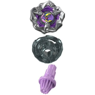 Disassembled silver, purple, and black spinning top toy parts on white background