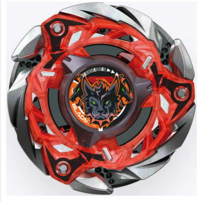 Metallic and red spinning top toy with wolf emblem and BLADE text