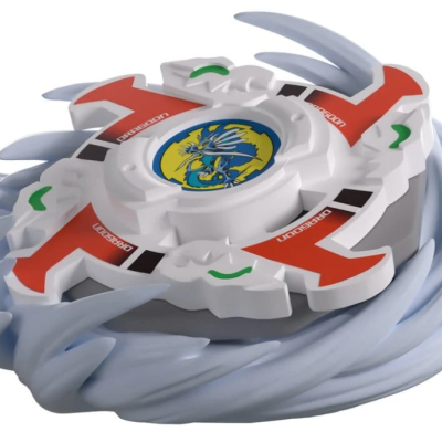 Plastic spinning top toy with dragon emblem and colorful accents