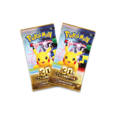 Two Pokémon 30th Celebration Trading Card Game packs featuring Pikachu