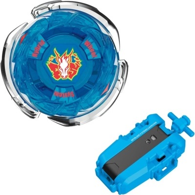 Blue and silver spinning top toy with blue and black launcher