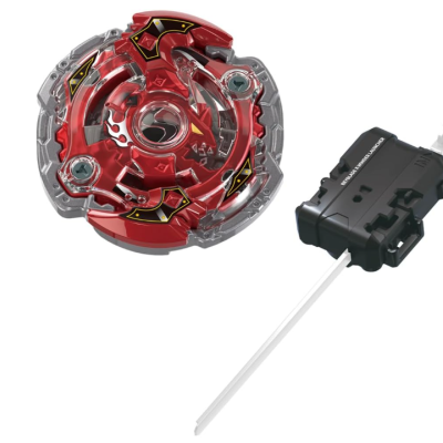 Red and silver spinning top with black launcher and white ripcord