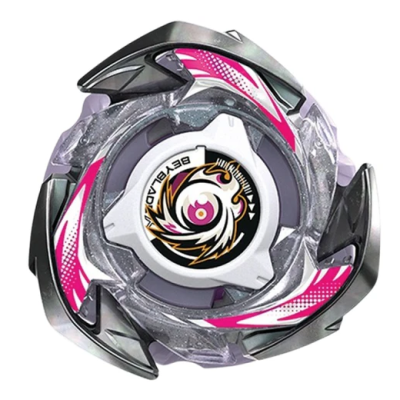 Beyblade toy top with silver, pink, white, and black colors and an eagle emblem in the center
