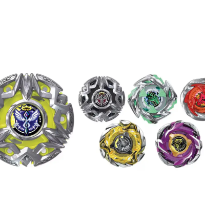Six colorful metal and plastic spinning tops with animal emblems