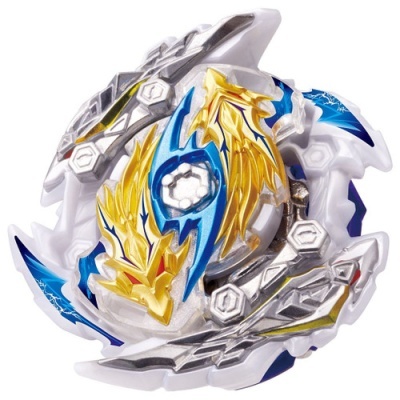 Spinning top toy with gold and blue wing-like details on white and silver base