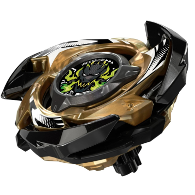Black and gold spinning top toy with green skull graphic
