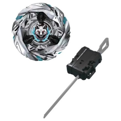 Beyblade cinza prata azul com lançador preto e alavanca metálica
