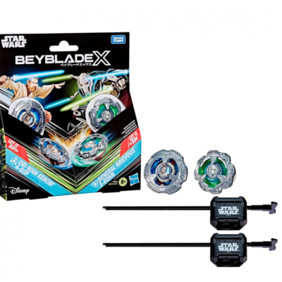 Star Wars Beyblade X set with two beyblades, ripcord launchers, and themed packaging