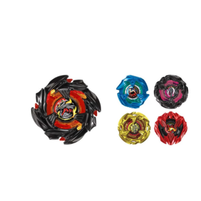 Five colorful plastic Beyblade spinning tops on white background