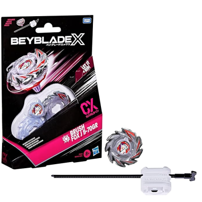 Beyblade X spinning top with launcher and ripcord in black and pink packaging