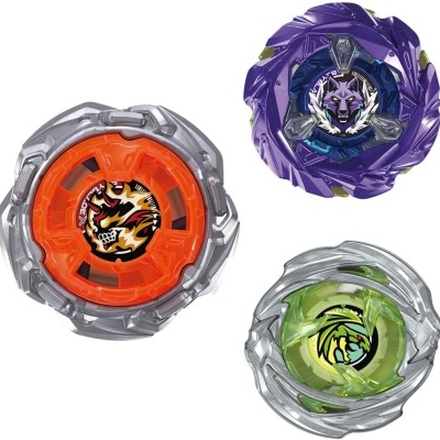 Three colorful spinning top toys with animal emblem designs