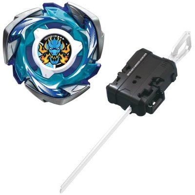 Brinquedo Beyblade azul e prata com lançador preto
