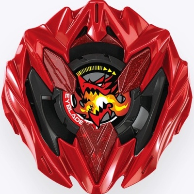 Red and black Beyblade top with dragon emblem and sharp angular design