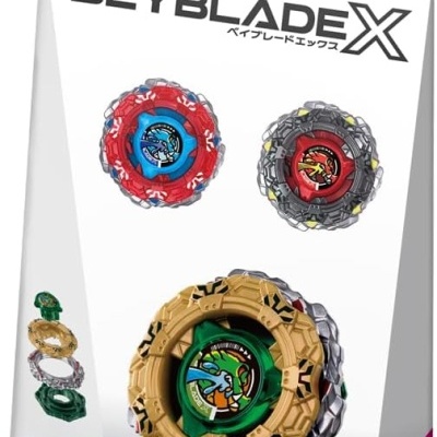 BEYBLADE X CX-19 Random Booster packaging with three colored Beyblade tops