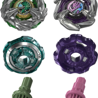 Six colorful toy spinning top parts with intricate designs and dragon emblems