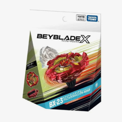 Beyblade X toy packaging with red and gold spinning toy and text BX-23 PHOENIX WING 99-60GF