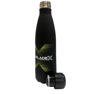 Black insulated water bottle with metallic cap and green dotted X pattern with BLADE X text