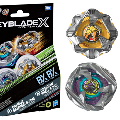 Beyblade X set with two spinning tops in silver, yellow, purple, and teal and packaging showing product details.