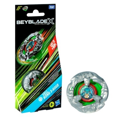 Beyblade X Vela Konga 3-60GB prateado com verde e vermelho em embalagem preta e verde
