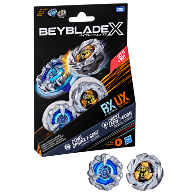 Beyblade X toy packaging with two silver, blue, and gold spinning tops and action graphics