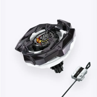 Black and white spinning top toy with flame and dragon design and separate launcher with ripcord