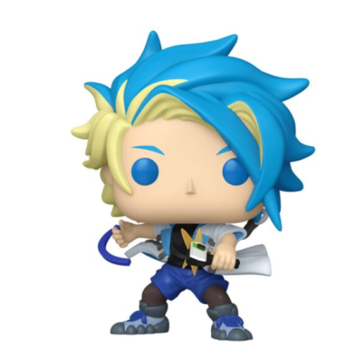 Vinyl figure with blue and yellow hair in lab coat holding device