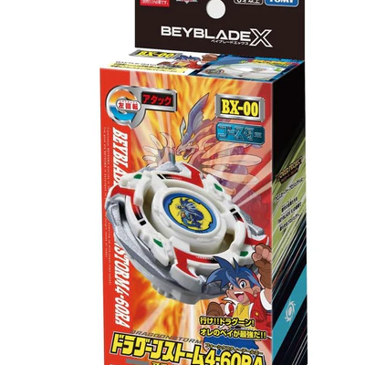 BeybladeX spinning top toy in colorful box with Japanese text and cartoon character