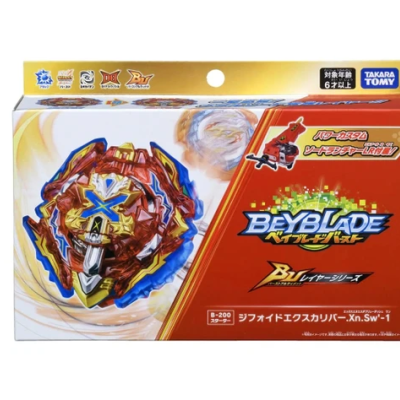Beyblade Burst toy box with red and gold spinning top and Takara Tomy logo
