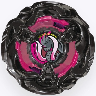 Black and pink Beyblade toy with elephant head design and BEYBLADE text