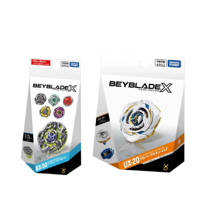 Two Beyblade X spinning top packages with colorful tops and Takara Tomy branding