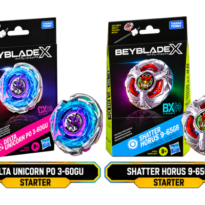 Two Beyblade X starter sets with colorful spinning tops and branded packaging.