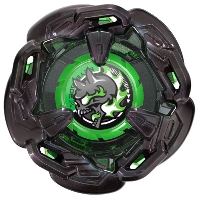 peonza Beyblade preta e verde com desenho de rinoceronte no centro
