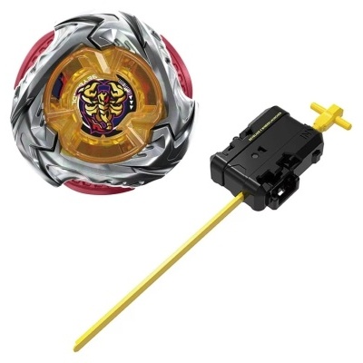 Beyblade metálico colorido com lançador preto e amarelo
