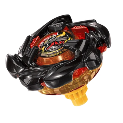 Black and orange spinning top toy with dragon emblem and yellow tip