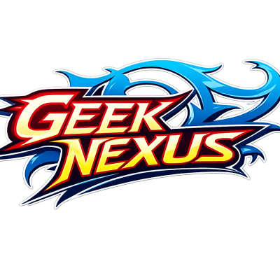 Logo with text GEEK NEXUS in bold yellow and red and blue tribal flame design