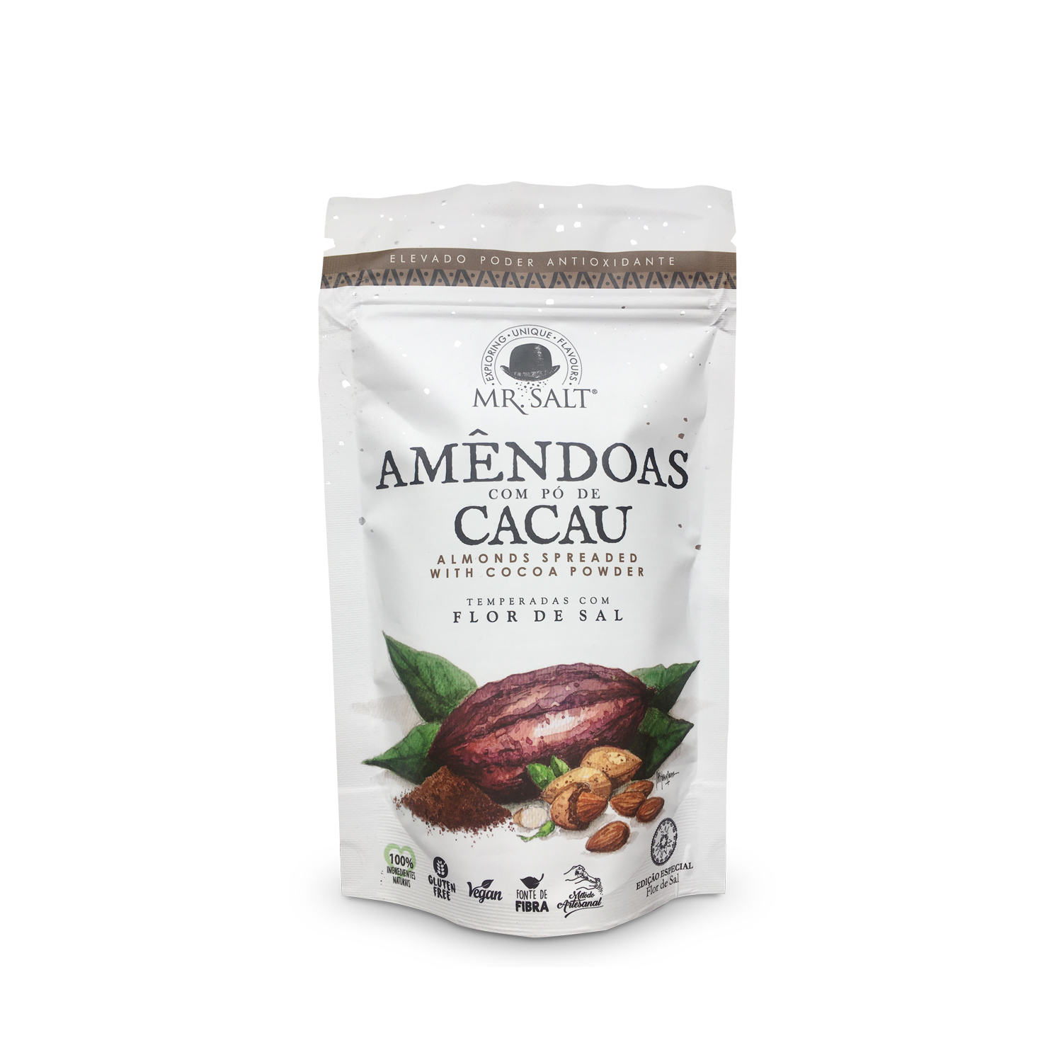 Amêndoa Tostada & Pó de Cacau Mr. Salt (100g) Embalagem branca de amêndoas com pó de cacau Mr Salt com imagem de amêndoas e cacau