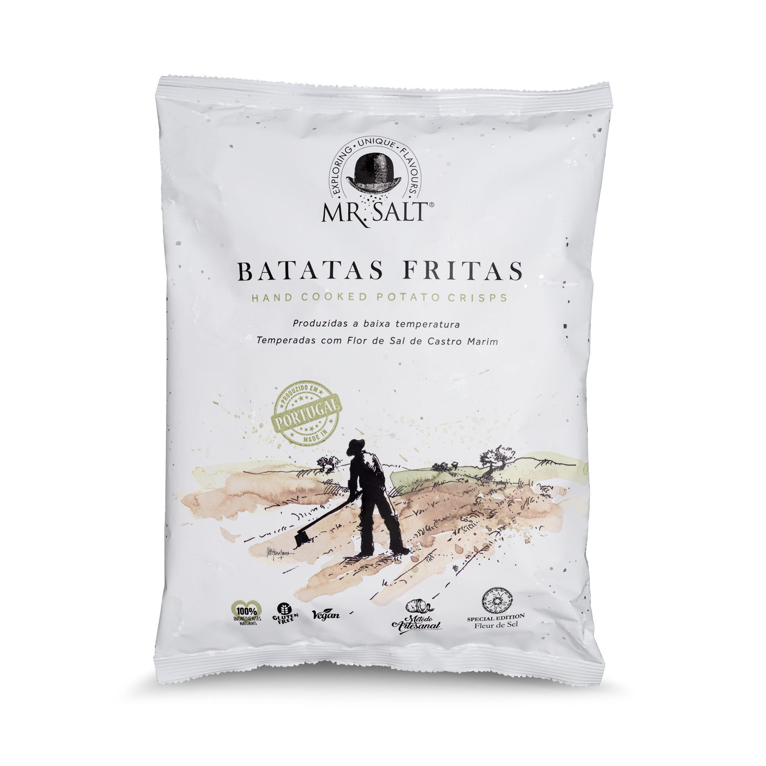 Batata Frita Artesanal Mr. Salt (150g) Pacote branco de batatas fritas Mr. Salt com texto e ilustração