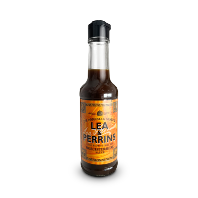 Garrafa de molho Worcestershire Lea & Perrins com rótulo laranja