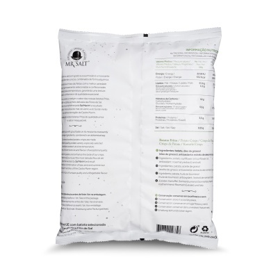 Embalagem branca plástica traseira com texto em português e informações nutricionais