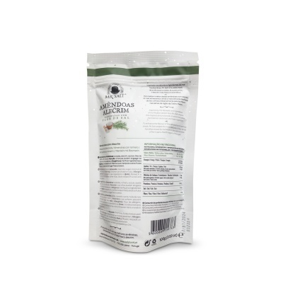 embalagem branca de plástico com texto e código de barras contendo amêndoas alecrim