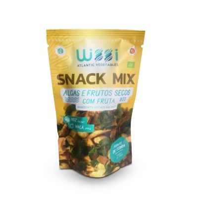 Pacote amarelo de Snack Mix Wissi algas e frutos secos com fruta BIO