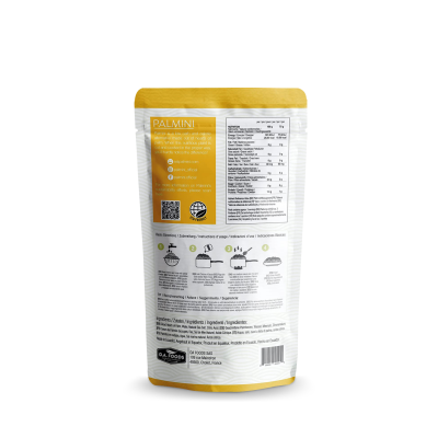 Embalagem de saco branco com topo dourado e texto informativo em inglês na parte traseira