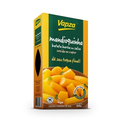 Embalagem de manjoquinha Vapza 500g com imagem do produto em pedaços.